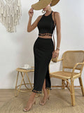  | SHEIN VCAY Tassel Trim Crop Halter Top & Split Thigh Skirt | Top and Pant Set | Shein | OneHub