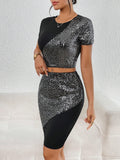 SHEIN Privé Contrast Sequin Crop Tee & Bodycon Skirt