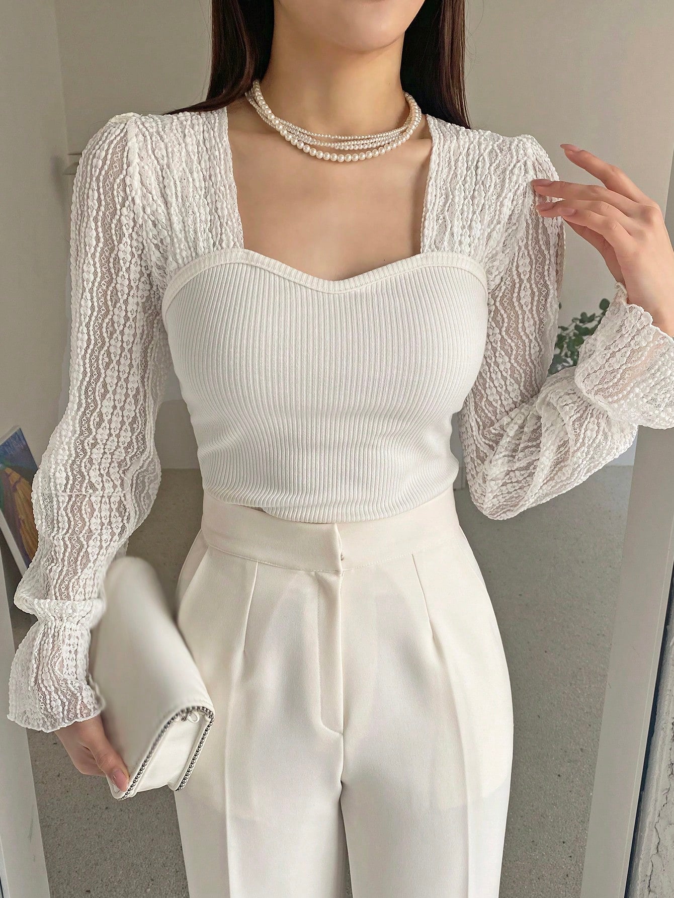  | SHEIN DAZY Contrast Lace Flounce Sleeve Sweetheart Neck Top | Sweater | Shein | OneHub