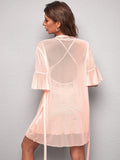 Shein Lace Panel Flounce Sleeve Belted Mesh Robe & Cami Dress PJ Set Without Lingerie