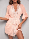 Shein Lace Panel Flounce Sleeve Belted Mesh Robe & Cami Dress PJ Set Without Lingerie