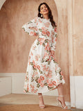 Shein Ruffle Neck Floral Print Belted A-line Dress