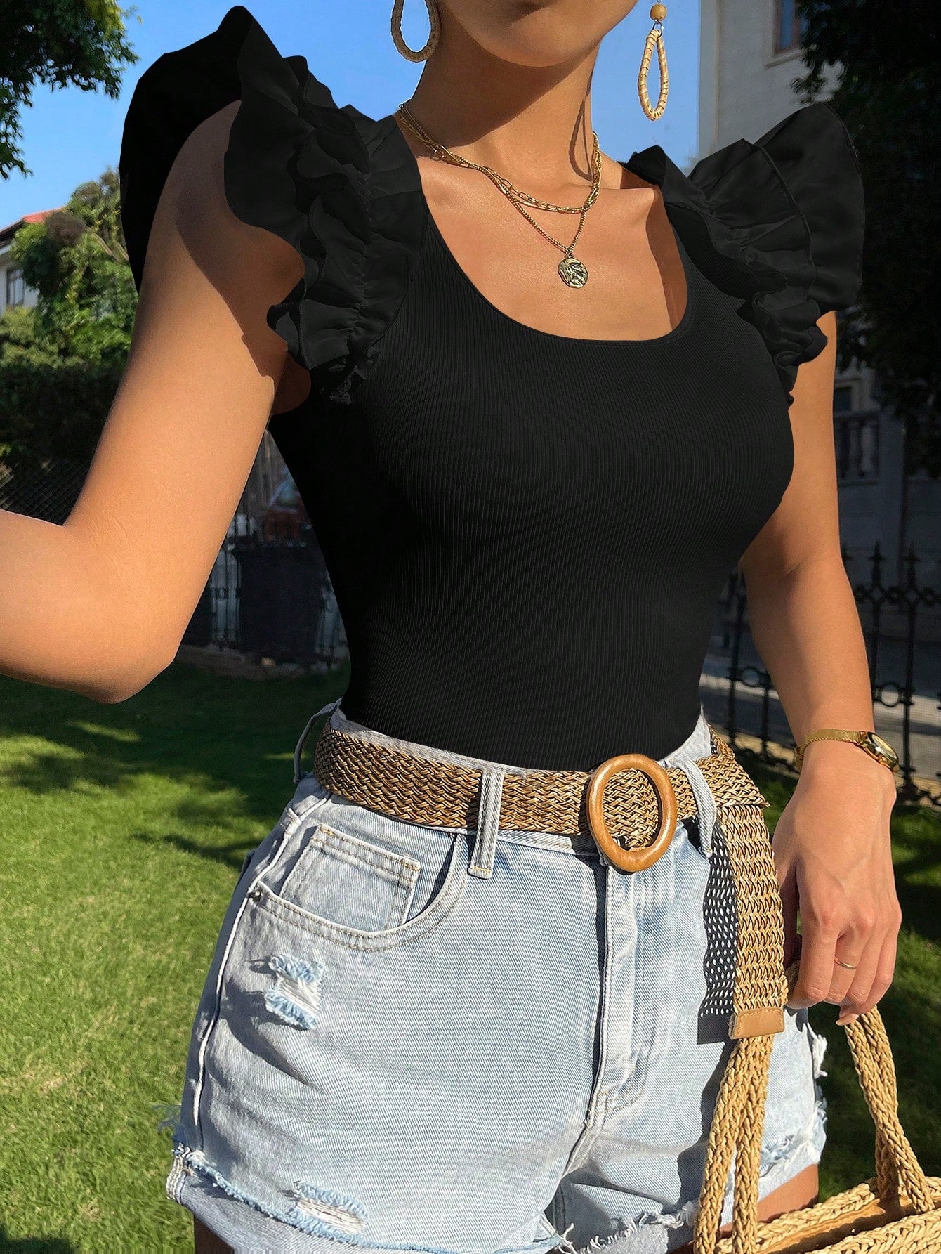  | SHEIN Priv̩ Ruffle Trim Scoop Neck Tee | Tee | Shein | OneHub