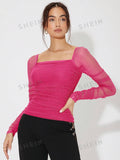  | SHEIN Priv̩ Square Neck Ruched Glitter Mesh Top | Top | Shein | OneHub