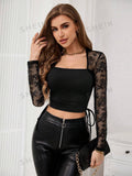  | SHEIN Priv̩ Women's Square Neck Lace Patchwork Fitted Top | Top | Shein | OneHub