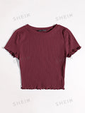  | SHEIN Qutie Solid Lettuce Trim Rib-knit Tee | Top | Shein | OneHub