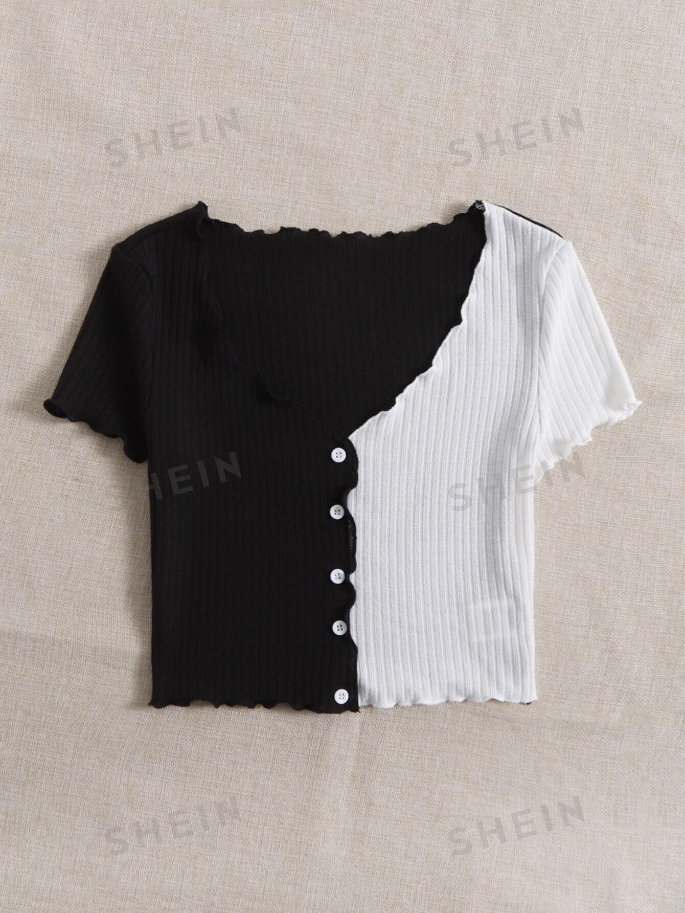  | SHEIN Qutie Two Tone Lettuce Trim Tee | Top | Shein | OneHub