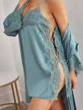 Shein Lace Trim Satin Slips With Belted Robe