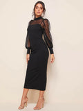 Shein Mock-neck Lantern Sleeve Mesh Yoke Dress