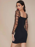 Shein Ruched Sheer Mesh Gigot Sleeve Bodycon Dress